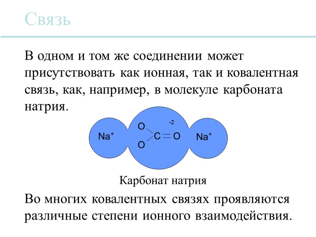 Na + O O Na + C O -2 Карбонат натрия Связь В одном